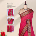 Bright Pink Kanchi Cotton Saree With Wide Gold Zari Border And Maroon Accents Front View On Mannequin
