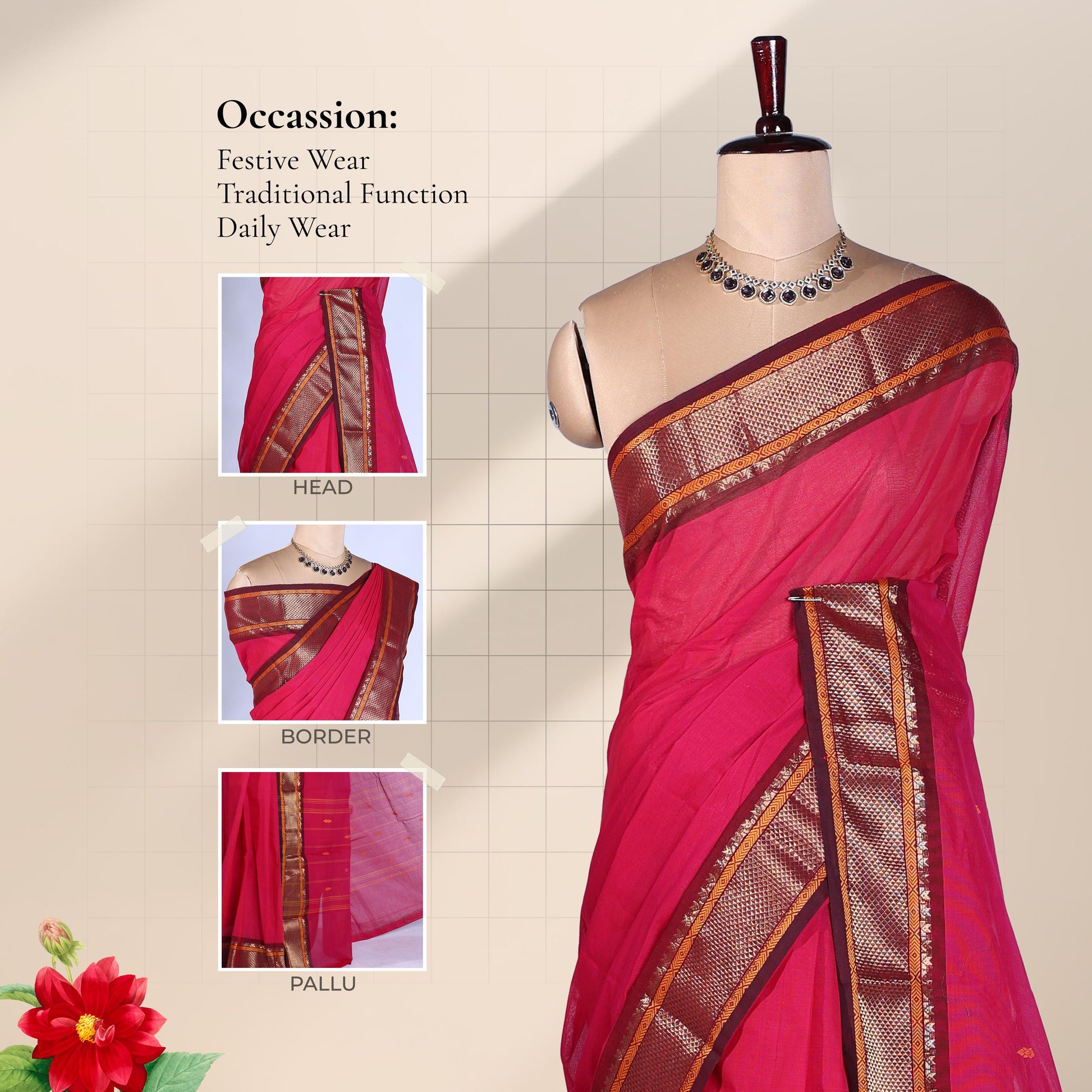 Bright Pink Kanchi Cotton Saree With Wide Gold Zari Border And Maroon Accents Front View On Mannequin
