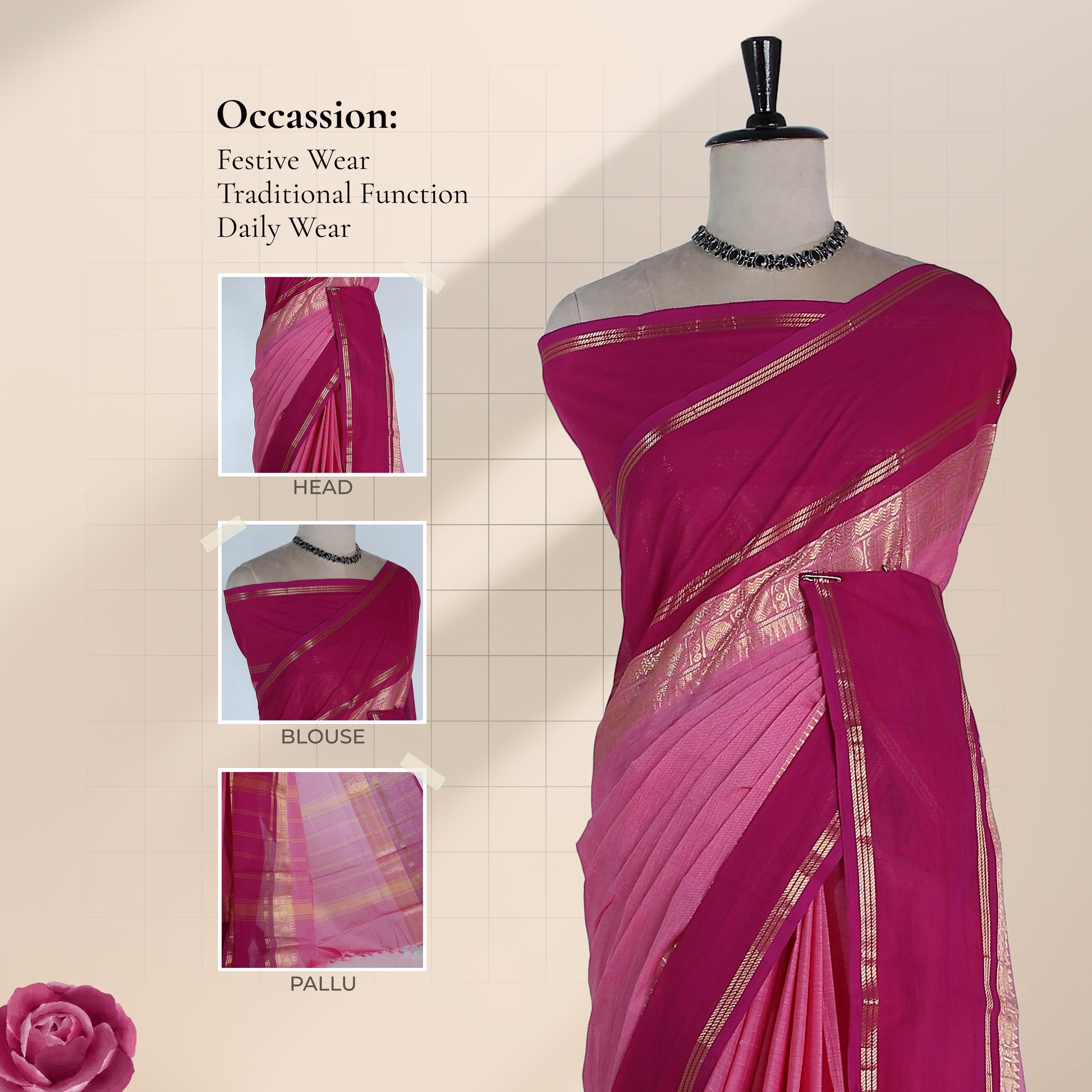Kanchi Cotton Saree With Dual Tone Pink Body And Magenta Border Gold Zari Detailing Front View On Mannequin
