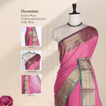 Pink Kanchi Cotton Saree With Gold Zari Border And Green Edging Front View With Draped Pallu Display
