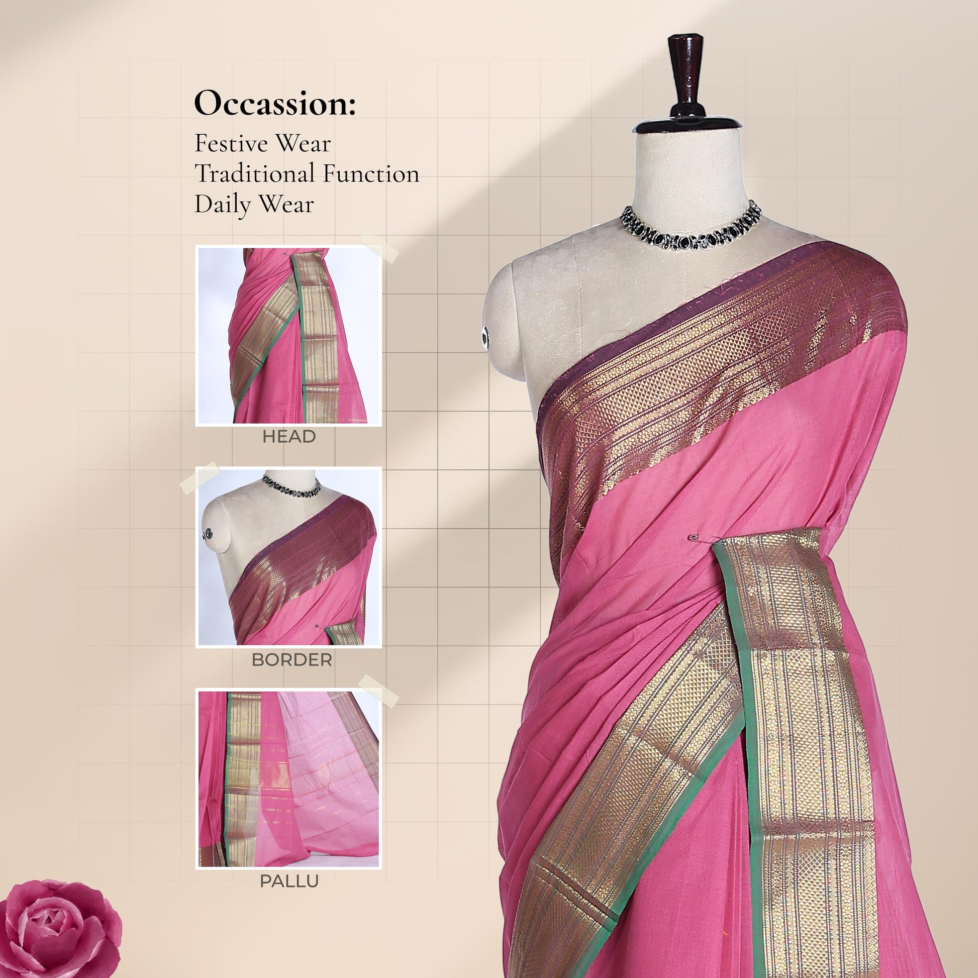 Pink Kanchi Cotton Saree With Gold Zari Border And Green Edging Front View With Draped Pallu Display
