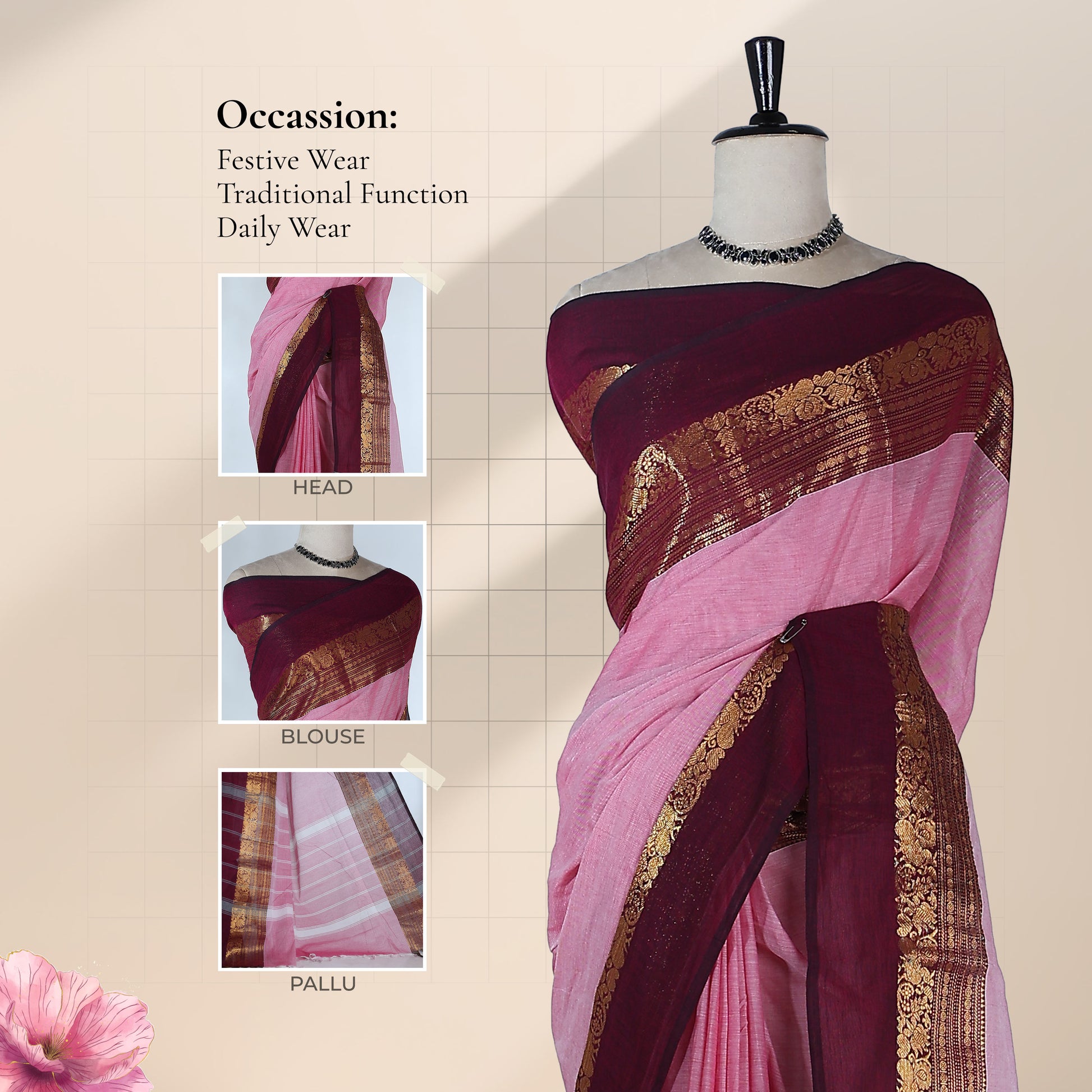 Kanchi Cotton Saree With Zari Woven Border In Pink And Maroon Draped On Mannequin Front View Showcasing Pallu
