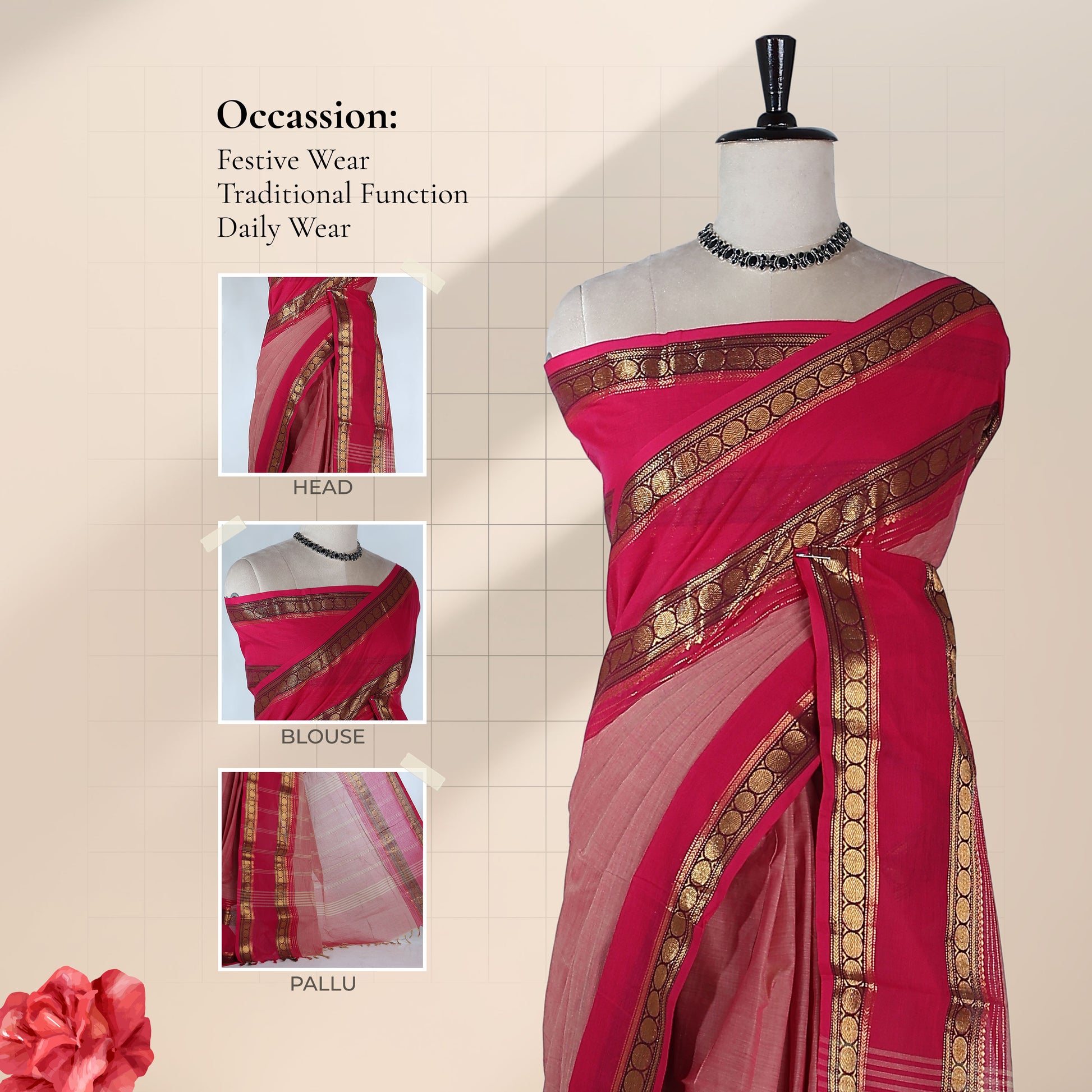 Kanchi Cotton Saree With Ornate Gold Zari Border In Bright Pink And Pink Elegantly Draped On Mannequin Front View

