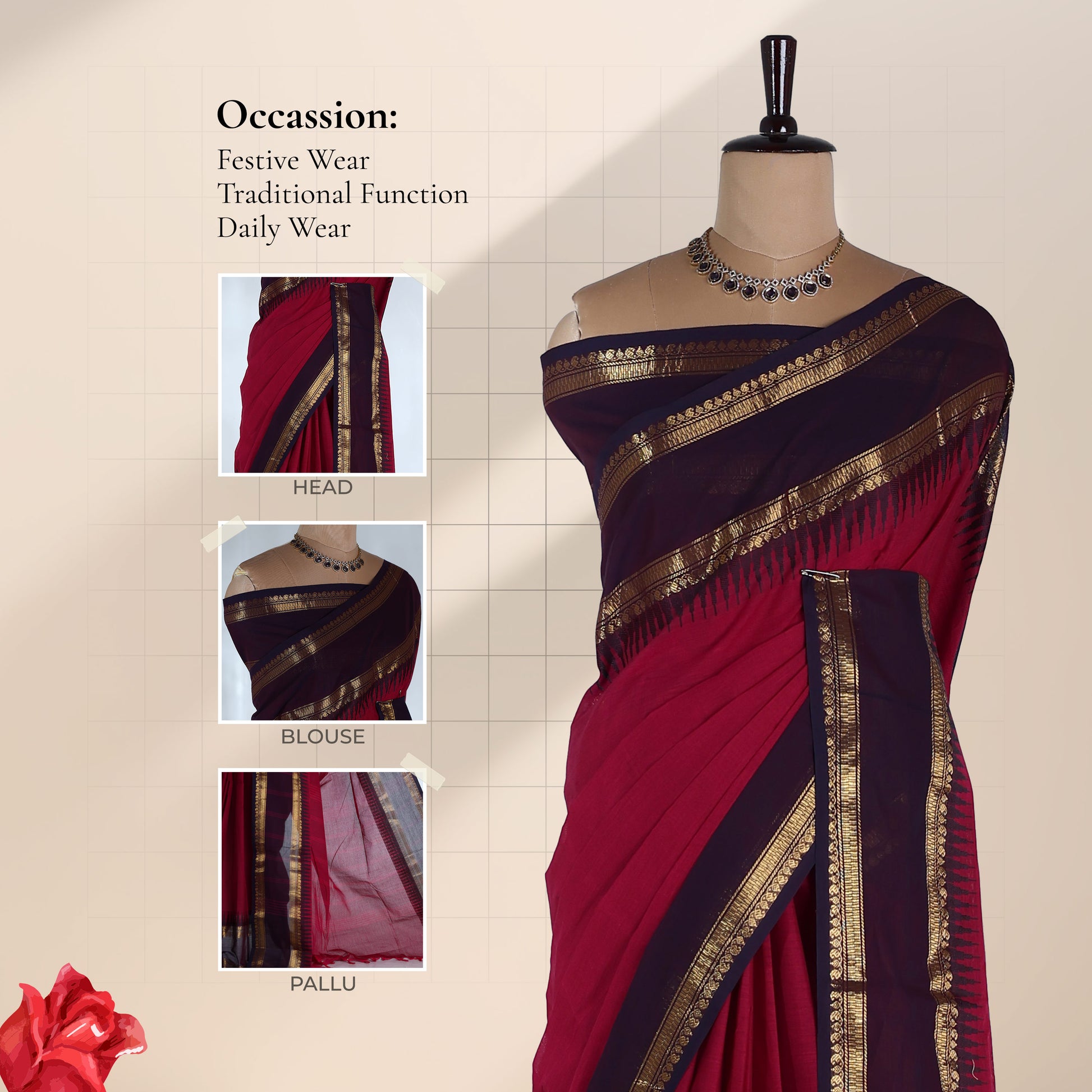 Kanchi Cotton Saree With Maroon And Gold Zari Border In Deep Pink Front View On Mannequin 
