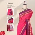 Kanchi Cotton Saree With Gold Zari Border In Bright Pink And Maroon Front View On Mannequin Display
