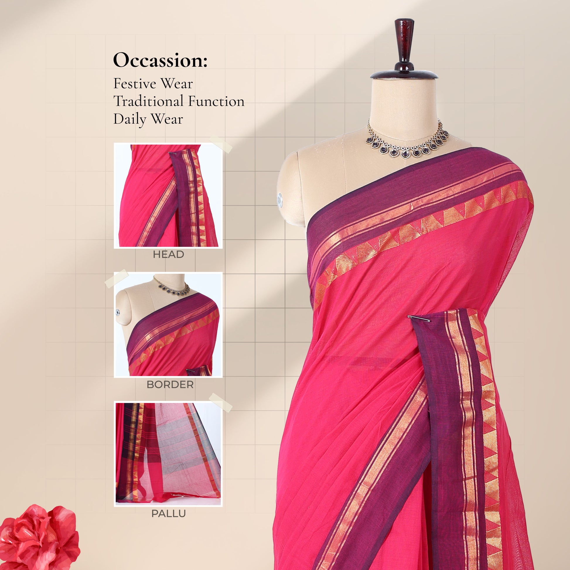 Kanchi Cotton Saree With Gold Zari Border In Bright Pink And Maroon Front View On Mannequin Display
