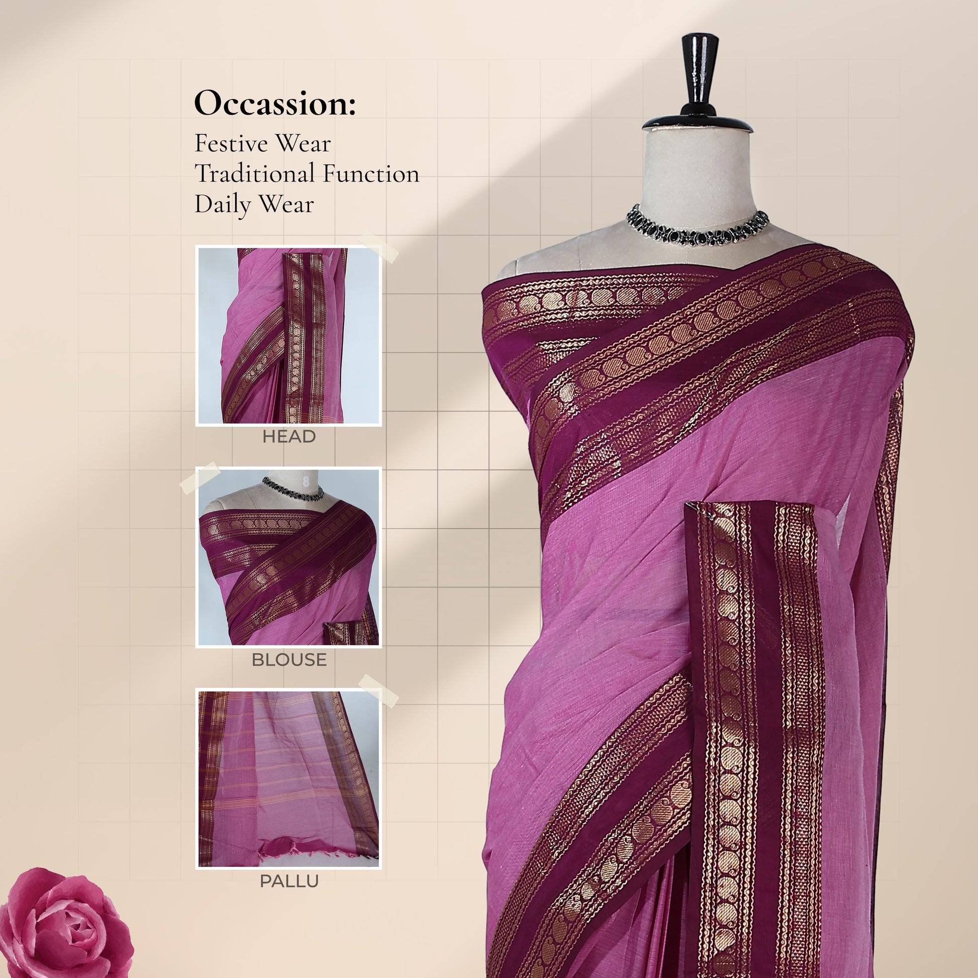 Kanchi Cotton Saree With Soft Pink Body And Maroon Zari Border Front Draped View On Mannequin Display
