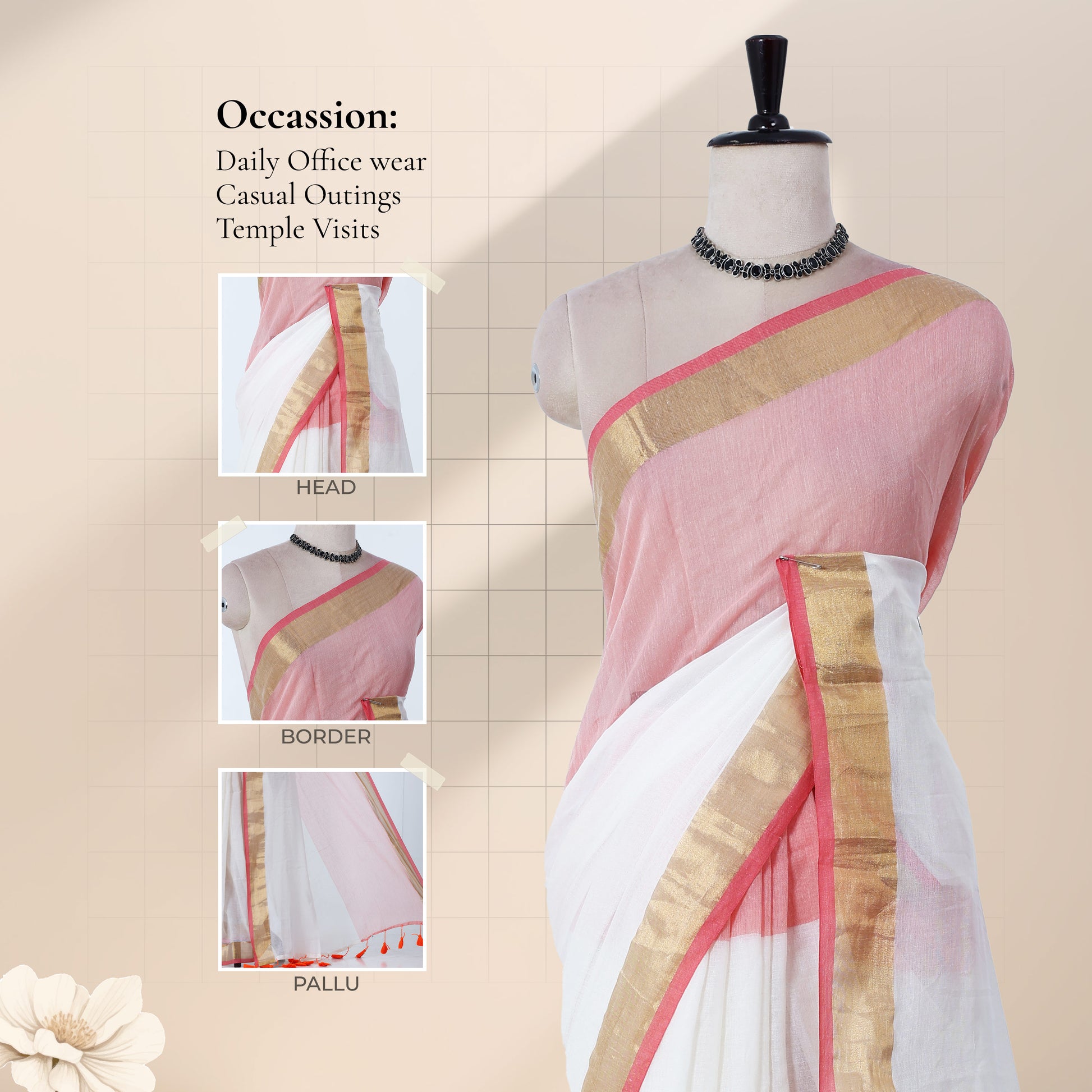 Mul Mul cotton saree with pink body gold zari border and white drape front mannequin view with styling details