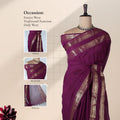 Kanchi Cotton Saree With Gold Zari Border In Magenta Purple Elegantly Draped On Mannequin Front View
