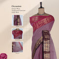 Kanchi Cotton Saree With Intricate Zari Border In Light Purple And Bright Pink Neatly Folded On Basket Top View Display
