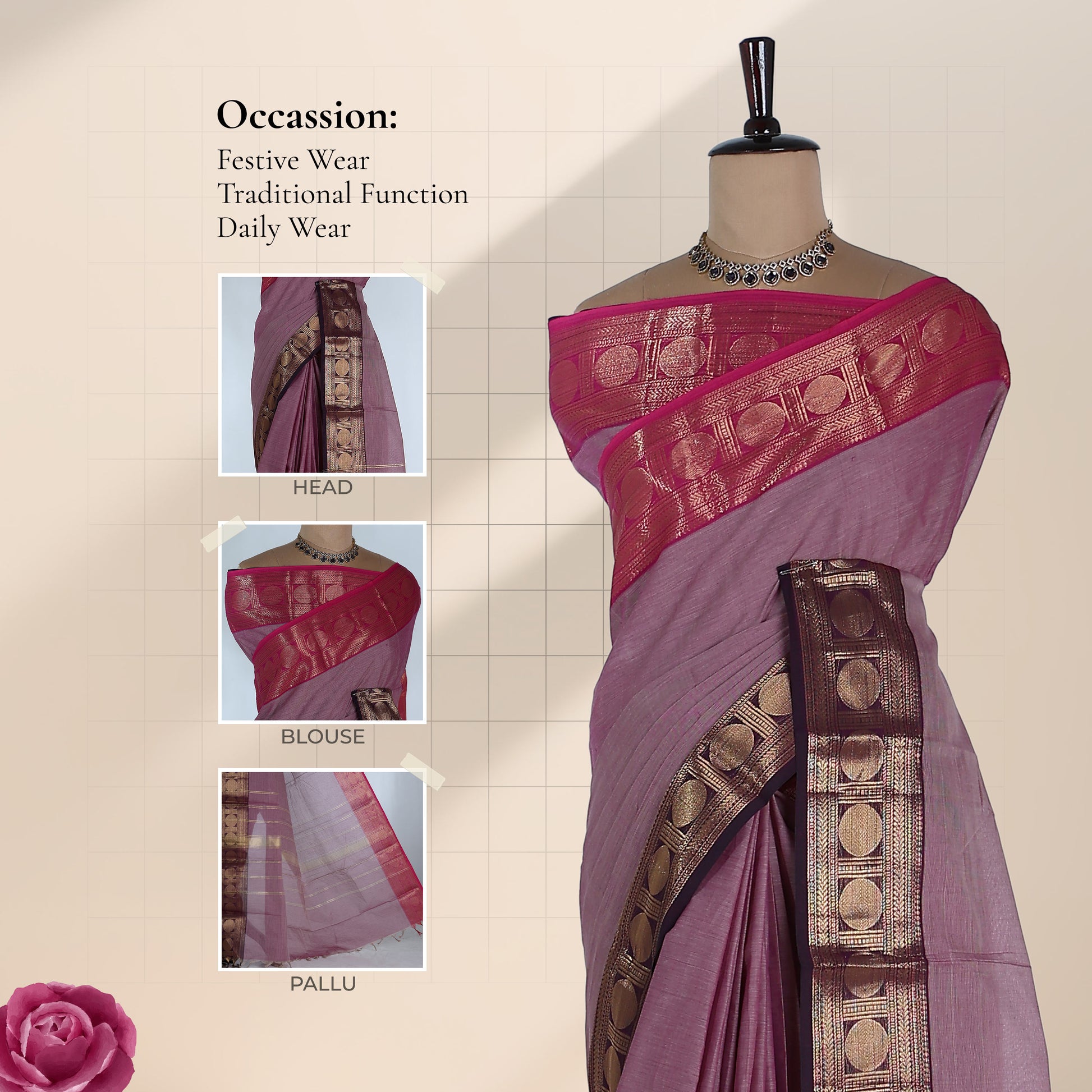Kanchi Cotton Saree With Intricate Zari Border In Light Purple And Bright Pink Neatly Folded On Basket Top View Display
