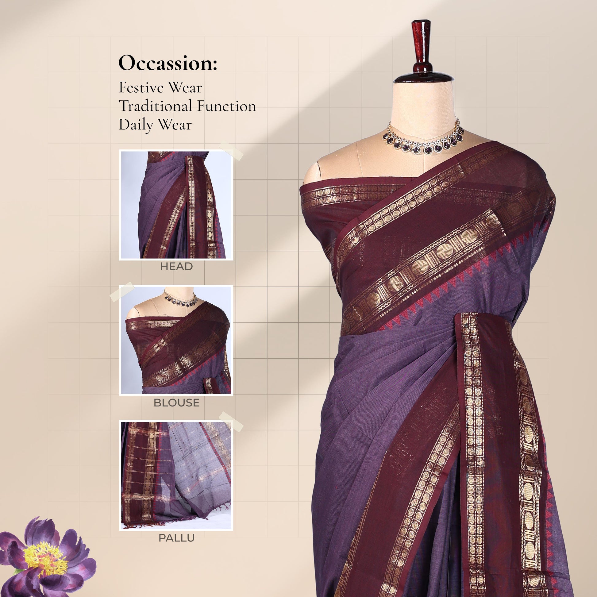 Kanchi Cotton Saree With Dusty Purple Body Maroon Zari Border And Traditional Weave Front Mannequin View

