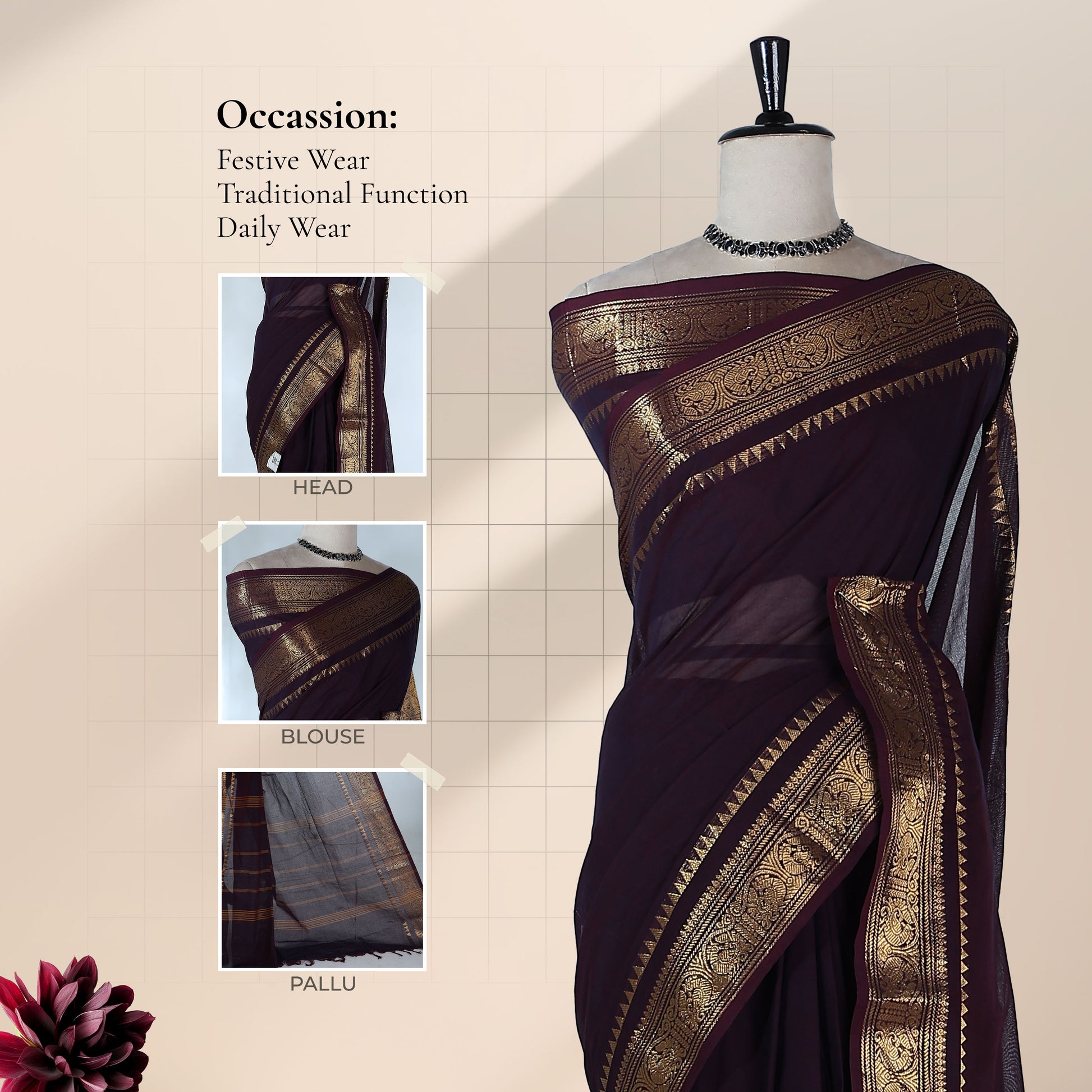 Kanchi Cotton Saree With  Gold Zari Border In Deep Purple Elegantly Draped On Mannequin - Front View
