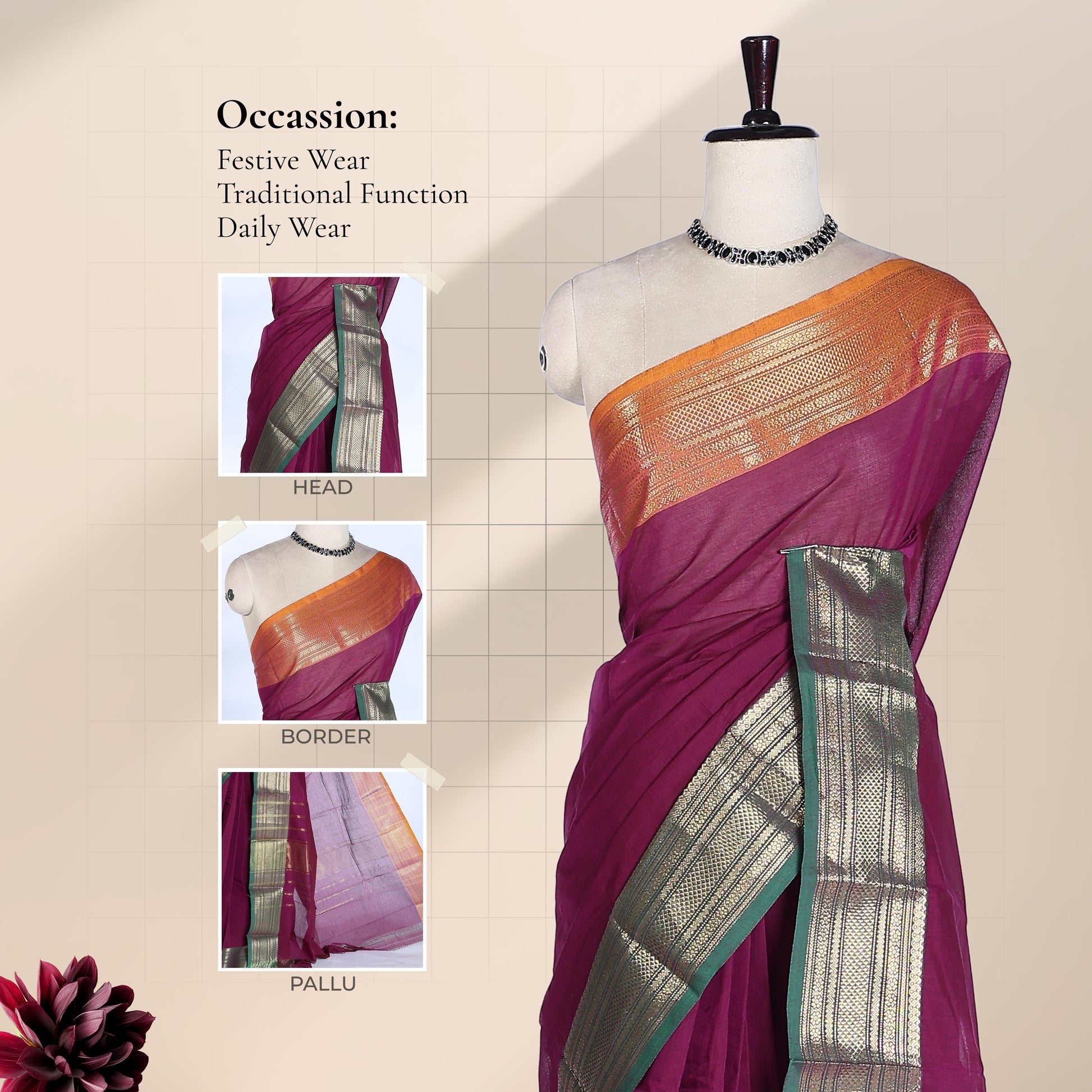 Kanchi Cotton Saree With Gold Zari Border In Deep Purple And Peach Front Draped Full Length View On Mannequin
