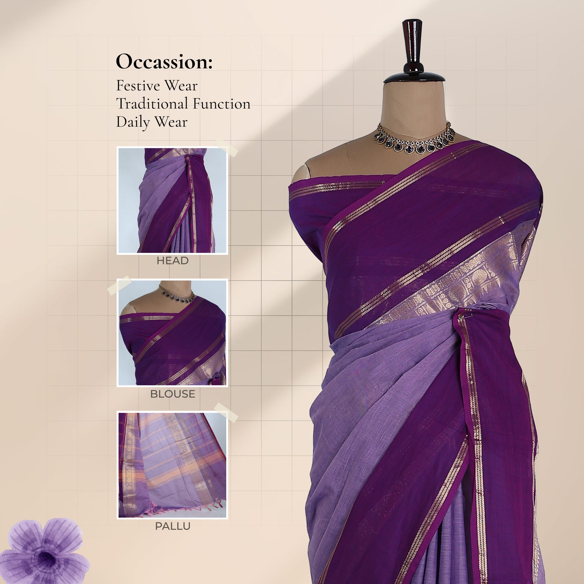 Kanchi Cotton Saree In Lavender And Deep Purple With Gold Zari Border And Striped Pallu Front Drape View
