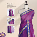 Kanchi Cotton Saree With Gold Zari Peacock Motif Border In Vibrant Purple And Blue Front Drape View
