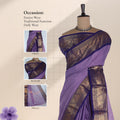 Kanchi Cotton Saree With Rich Gold Zari Border In Purple And Navy Blue Front Draped Full Length View On Mannequin
