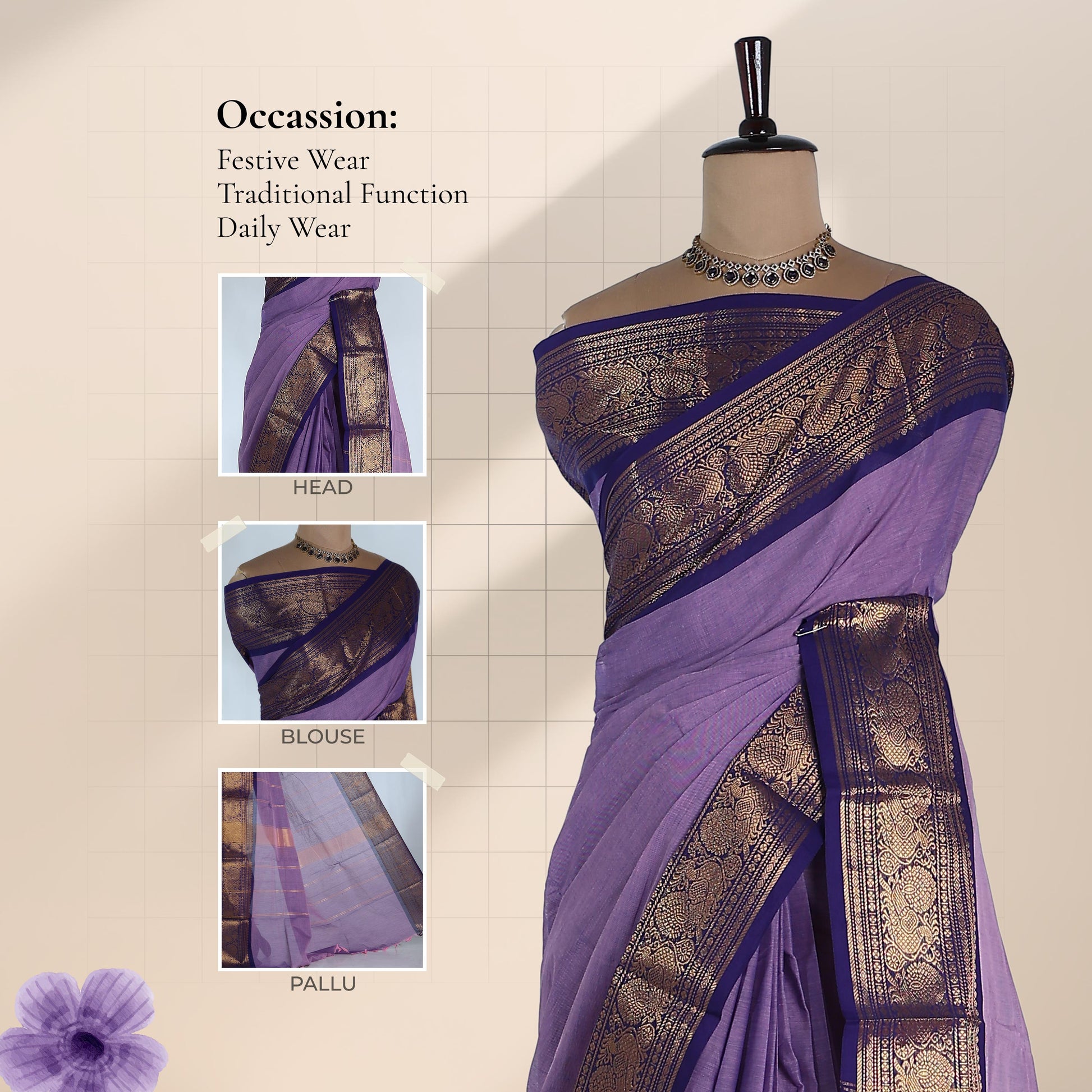 Kanchi Cotton Saree With Rich Gold Zari Border In Purple And Navy Blue Front Draped Full Length View On Mannequin
