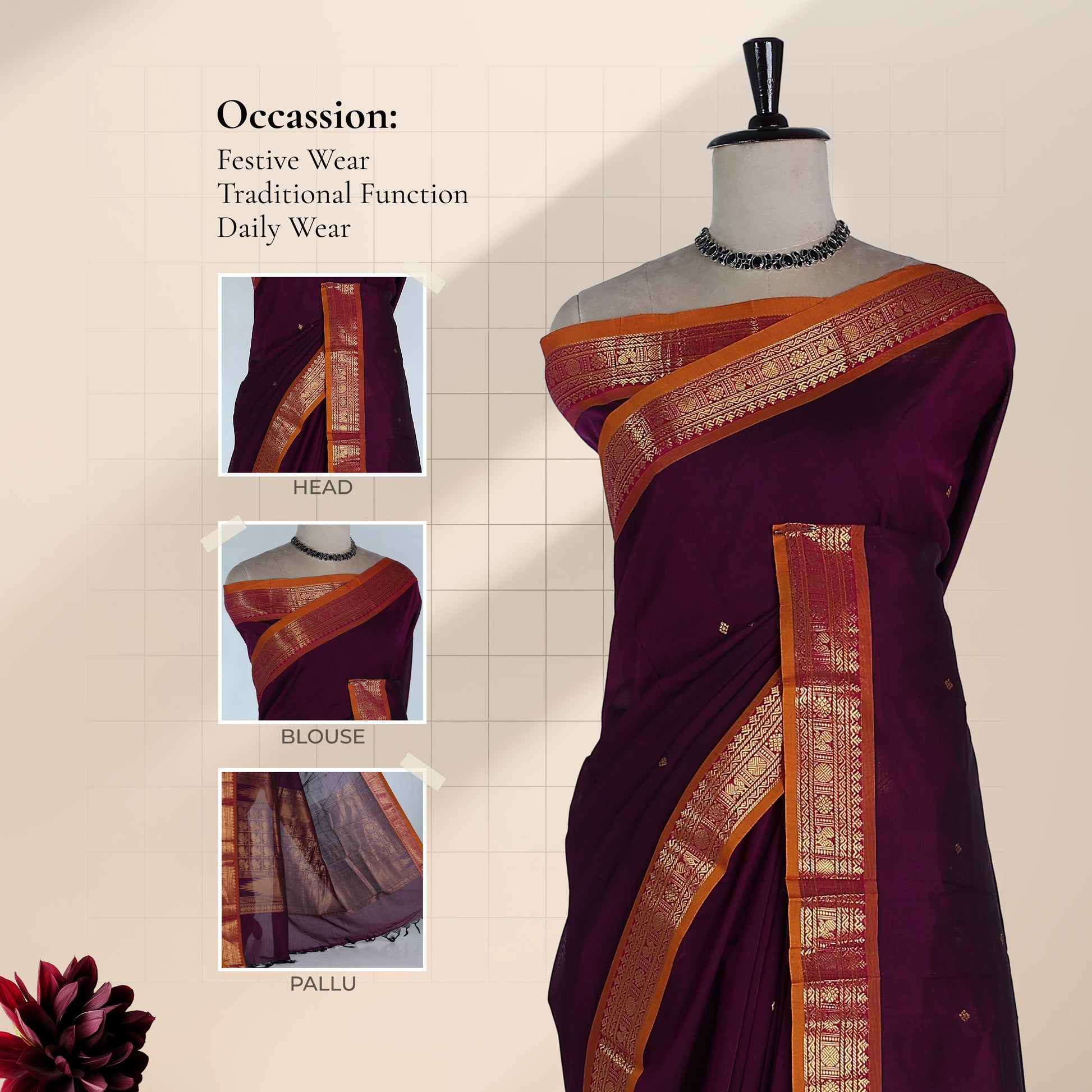 Kanchi Cotton Saree With Rich Purple Body And Gold Zari Border Draped On Mannequin Front View Display
