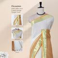 Mul Mul cotton saree with pink body gold zari border and white drape front mannequin view with styling details