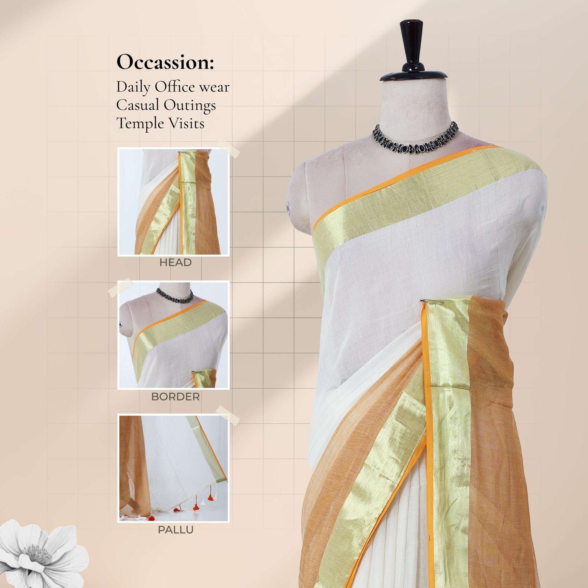 Mul Mul cotton saree with pink body gold zari border and white drape front mannequin view with styling details