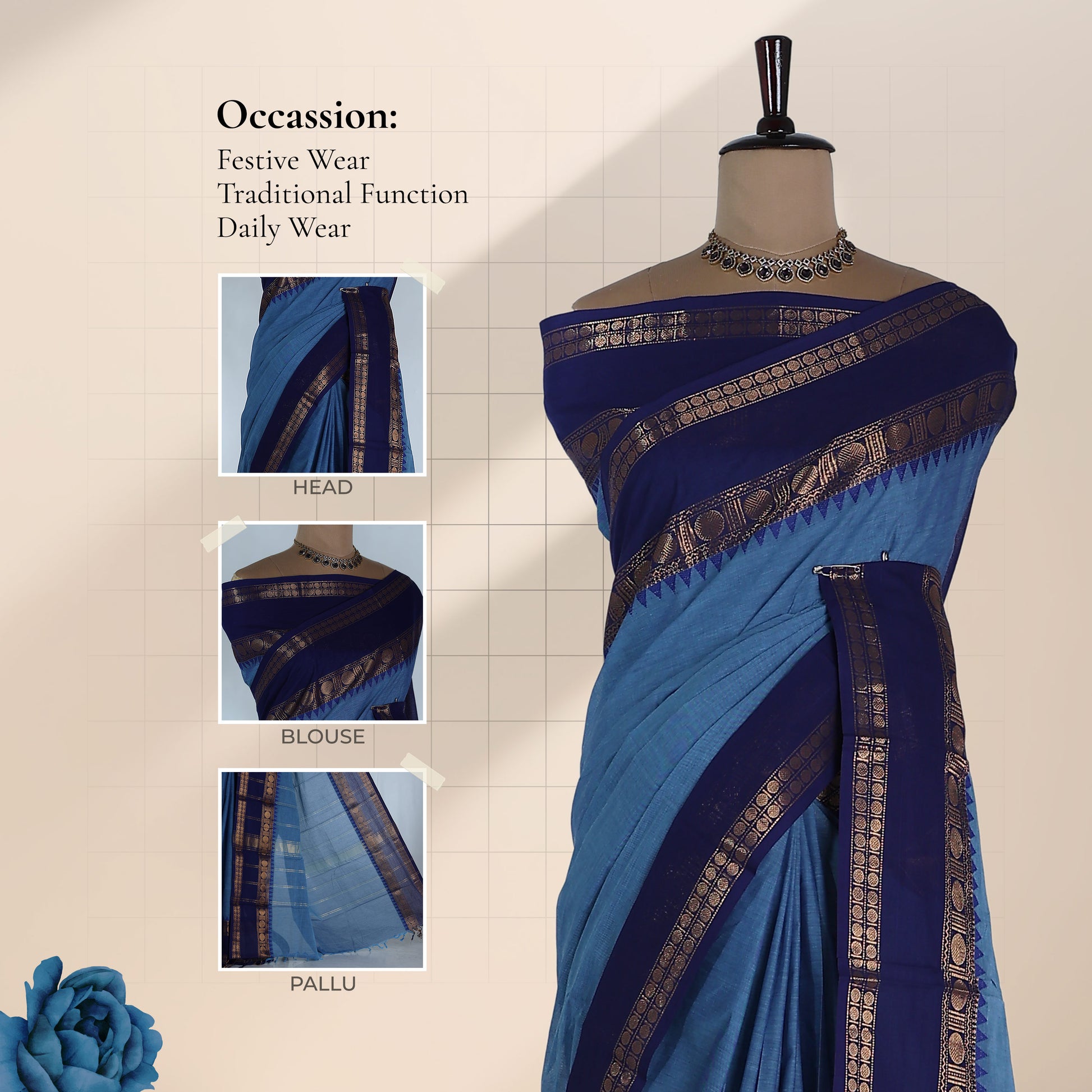Kanchi Cotton Saree With Sky Blue Body And Navy Blue Zari Border Draped On Mannequin With Pallu Display Front View
