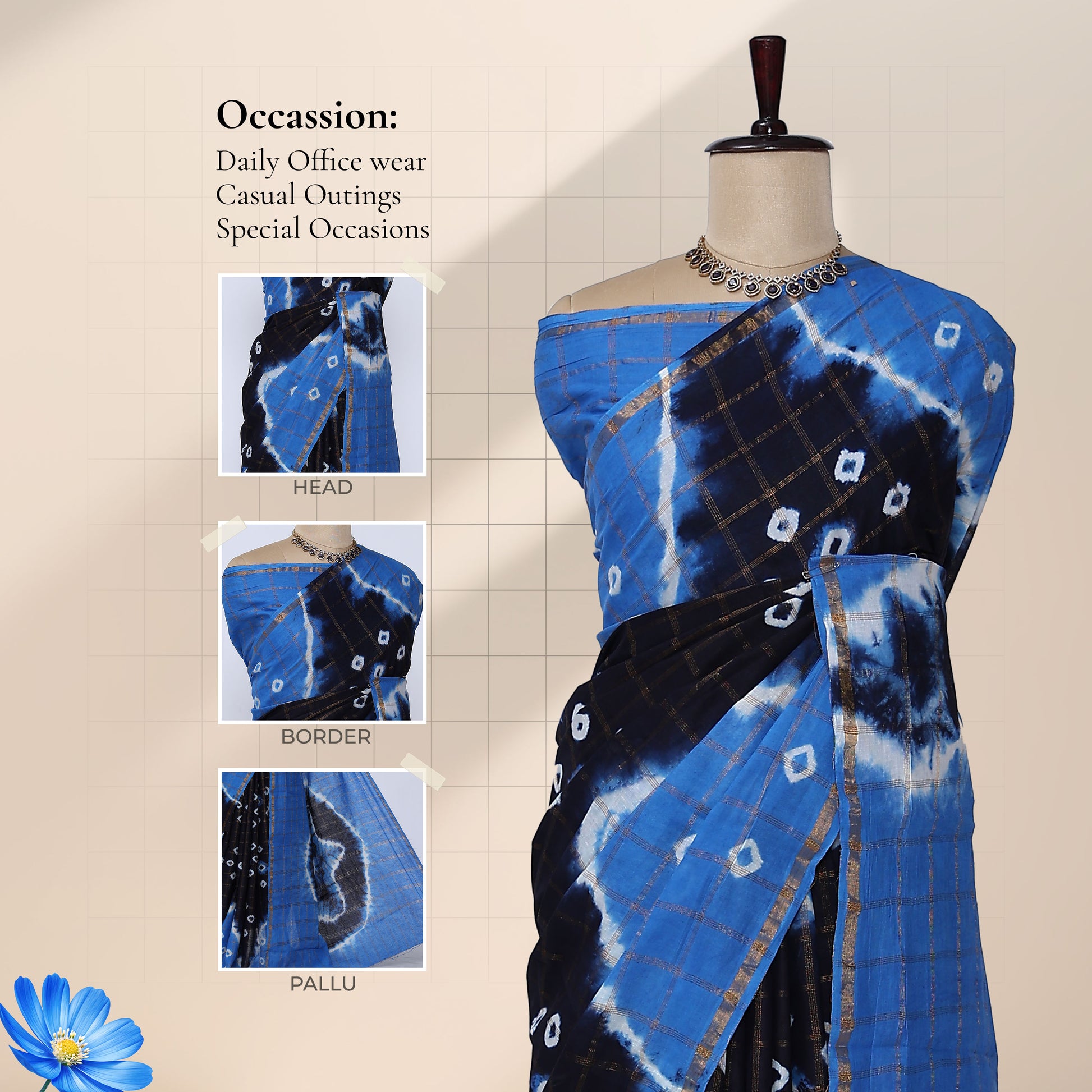 Sungudi cotton saree with blue and navy blue tie-dye design white bandhani motifs and gold checks front drape view on mannequin