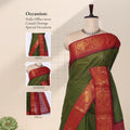 Green Sungudi cotton saree with gold zari checks and red peacock motif border draped front view on mannequin