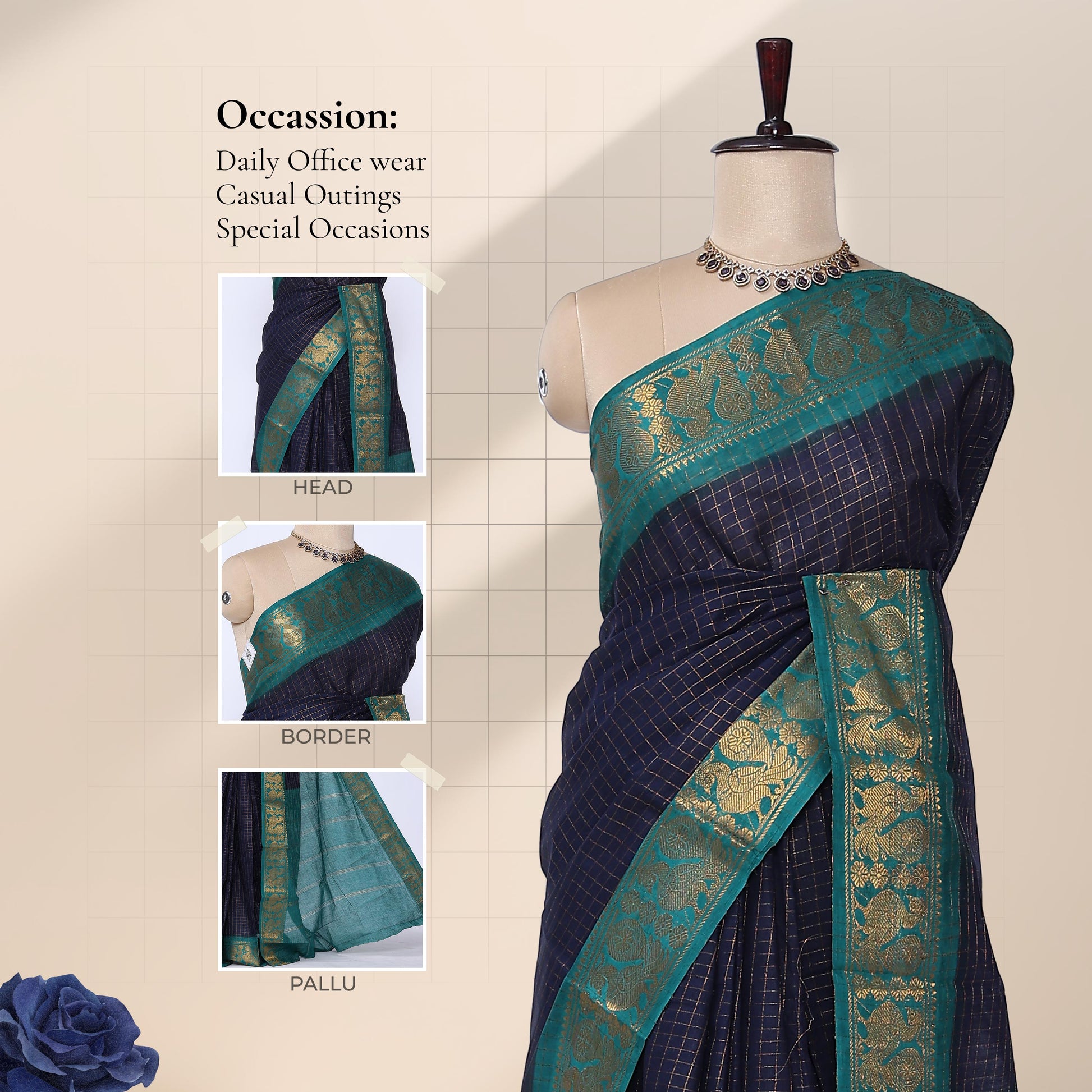 Dark Blue Sungudi cotton saree with gold zari checks and teal peacock motif border draped front view on mannequin