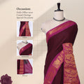Sungudi cotton saree with gold zari woven border maroon and magenta front drape view on mannequin