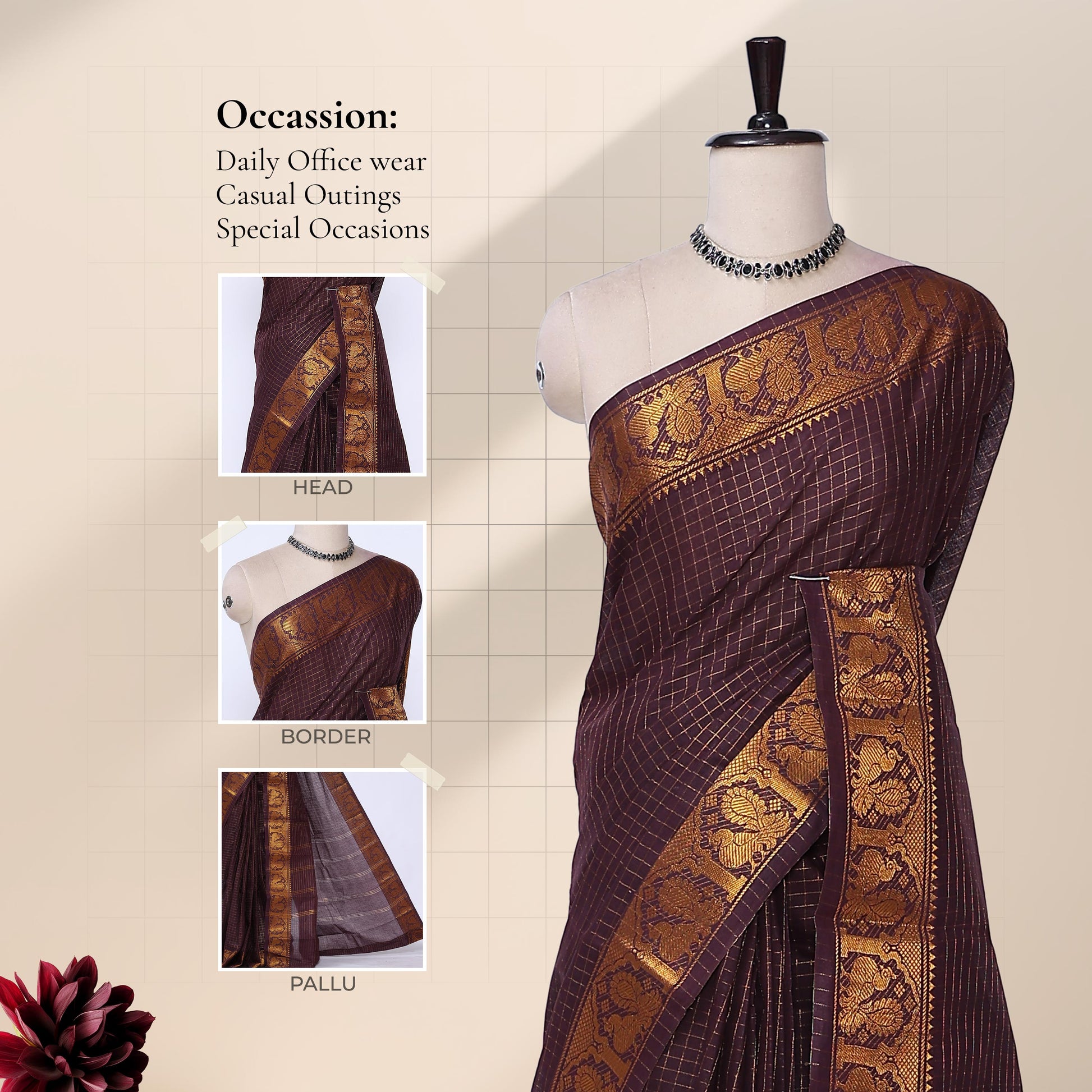 Dark Maroon Sungudi cotton saree with gold zari checks and peacock motif border draped front view on mannequin