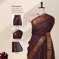 Maroon Sungudi cotton saree with gold zari checks and peacock motif border draped front view on mannequin