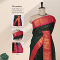 Sungudi cotton saree with gold check dark green body and pink zari border front draped view on mannequin