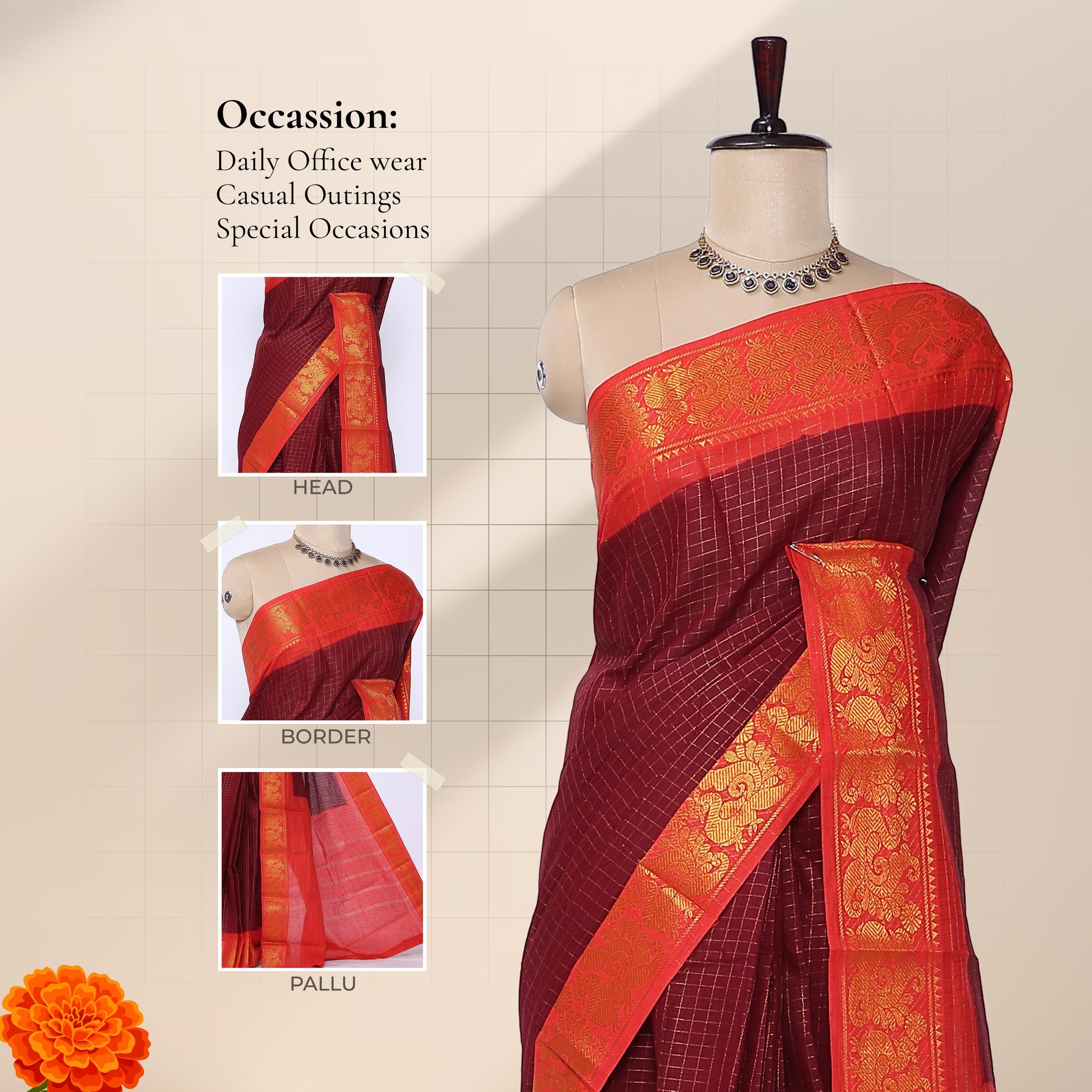 Maroon Sungudi cotton saree with gold zari checks and red peacock motif border draped front view on mannequin