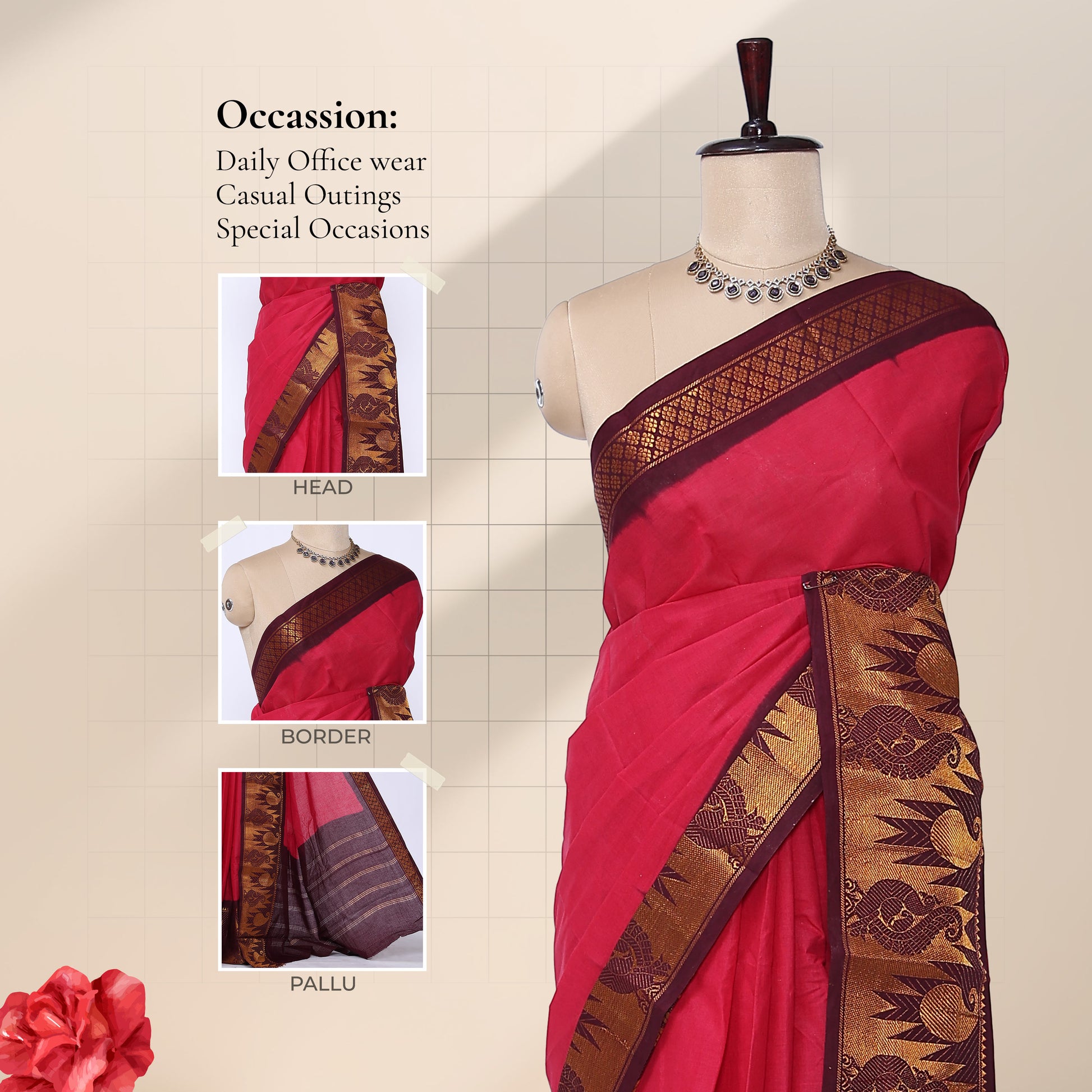 Sungudi cotton saree with zari woven border pink and maroon front drape view on mannequin