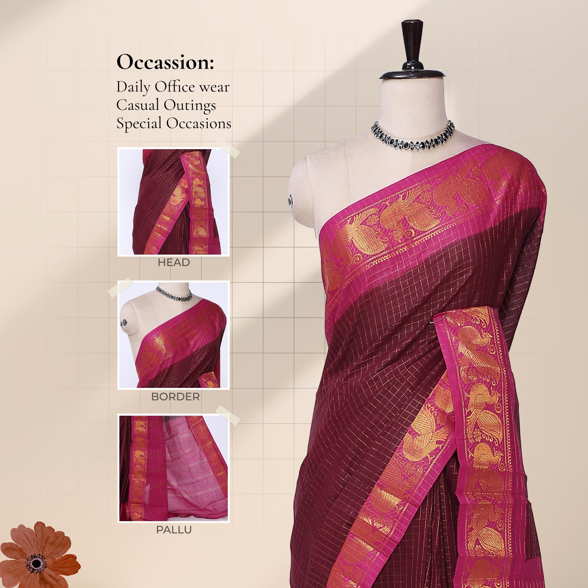 Maroon Sungudi cotton saree with gold zari checks and pink peacock motif border draped front view on mannequin