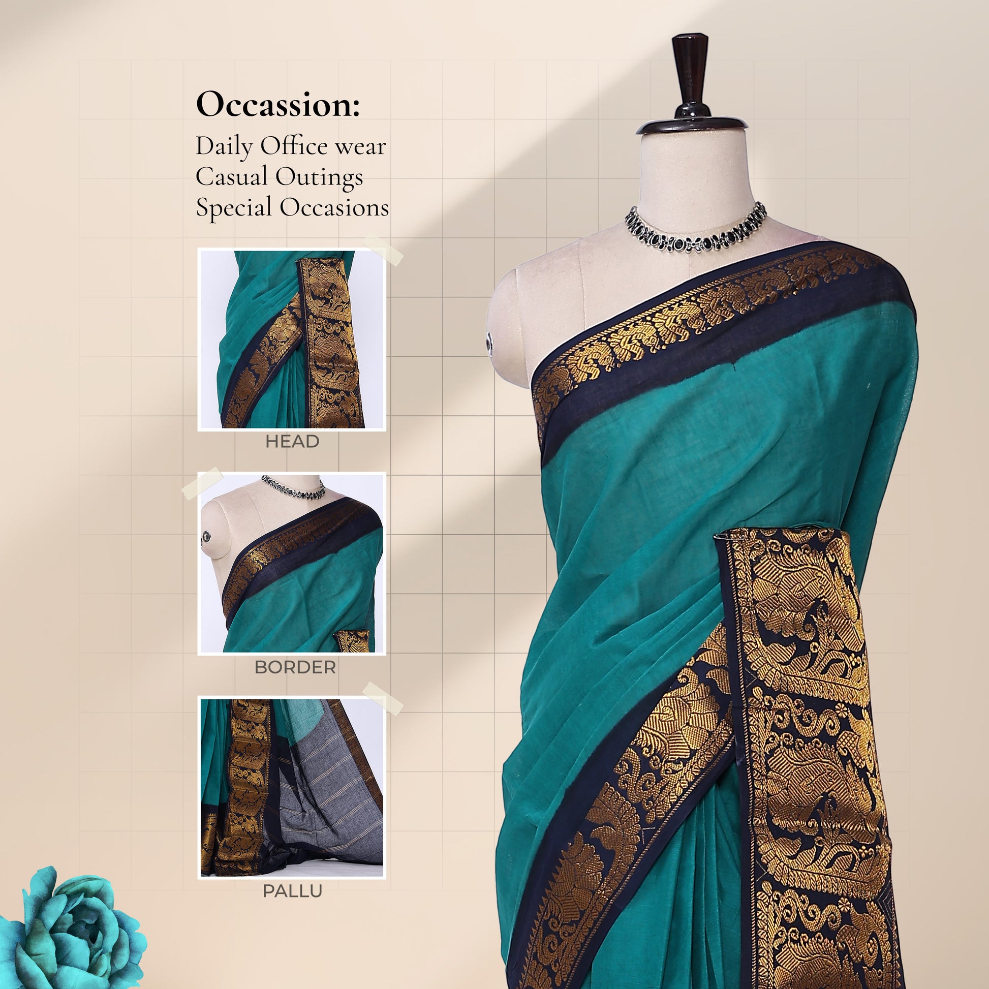 Sungudi cotton saree with gold zari border in green front view on mannequin with detailed pallu close up