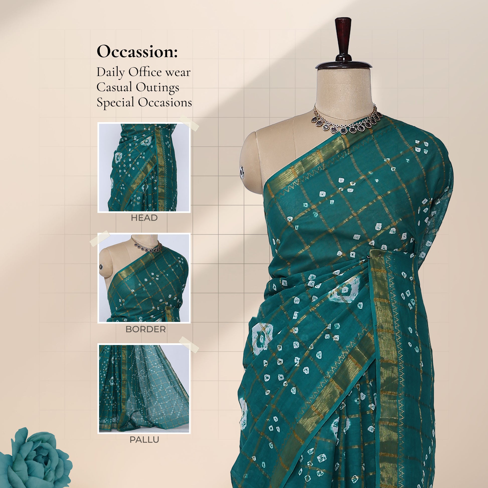 Sungudi cotton saree with gold checked weave and white Bandhani motifs in green front drape view on mannequin