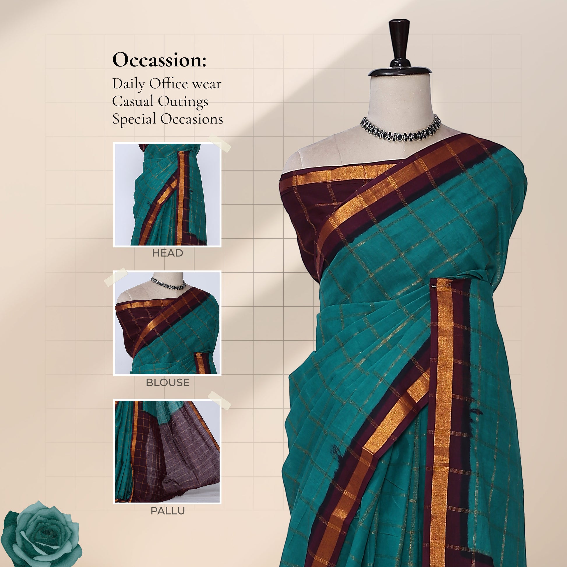 Sungudi cotton saree with gold checkered weave and maroon zari border in green front draped view
