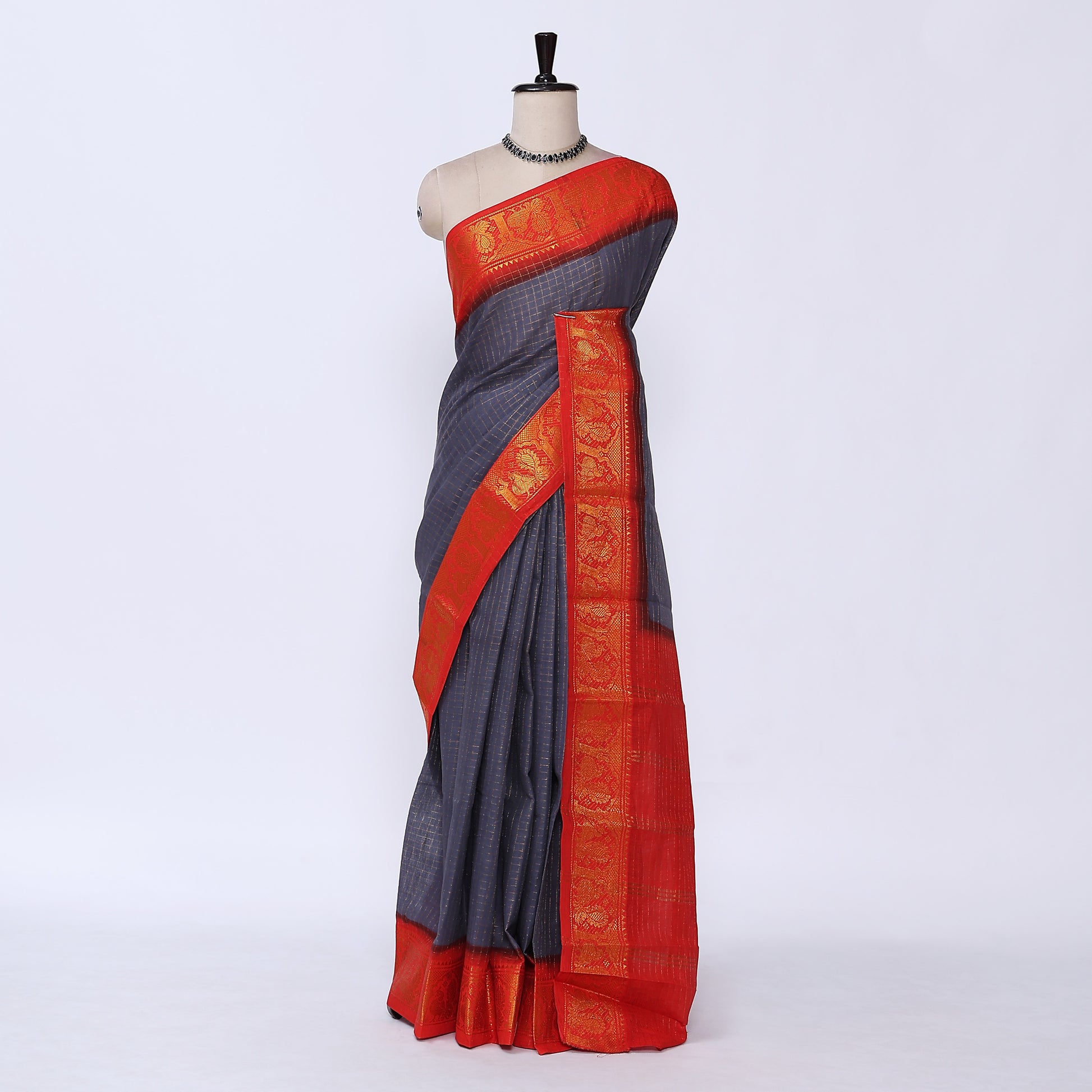 Grey Sungudi Cotton Saree for Women | Office Casual Collection | Jeyachandran - Full View