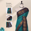 Teal Sungudi cotton saree with gold zari checks and navy blue peacock motif border draped front view on mannequin
