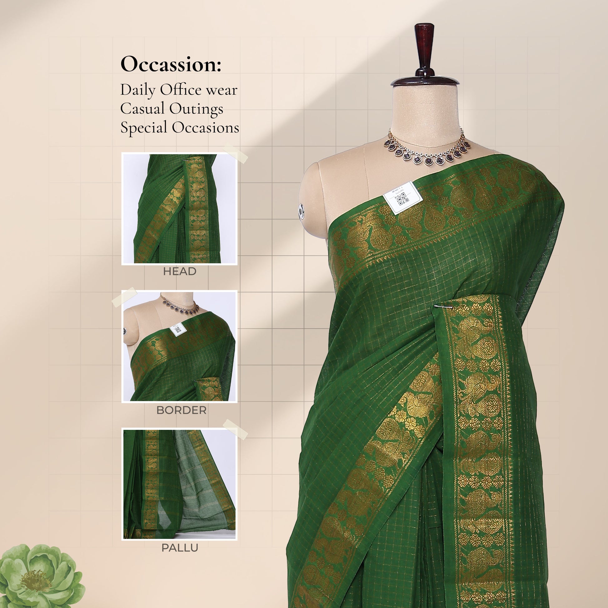 Green Sungudi cotton saree with gold zari checks and peacock motif border draped front view on mannequin