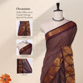 Sungudi cotton saree in brown with maroon border and gold paisley woven pallu front draped mannequin view with detail panels