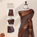 Brown Sungudi cotton saree with gold zari checks and maroon peacock motif border draped front view on mannequin