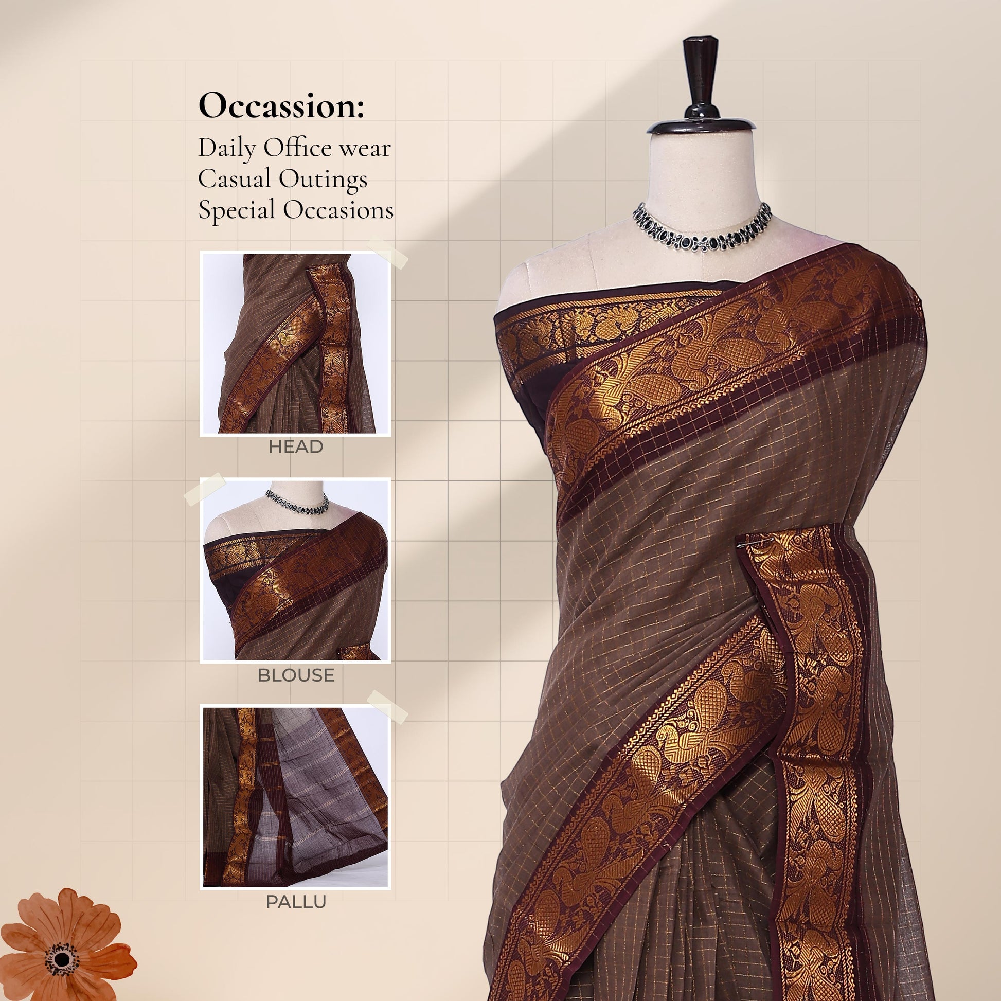 Brown Sungudi cotton saree with gold zari checks and maroon peacock motif border draped front view on mannequin