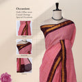 Sungudi cotton saree with gold checkered weave and maroon zari border in pink front draped view