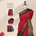 Sungudi cotton saree with red body and black gold zari border front draped view on mannequin with detailed border 