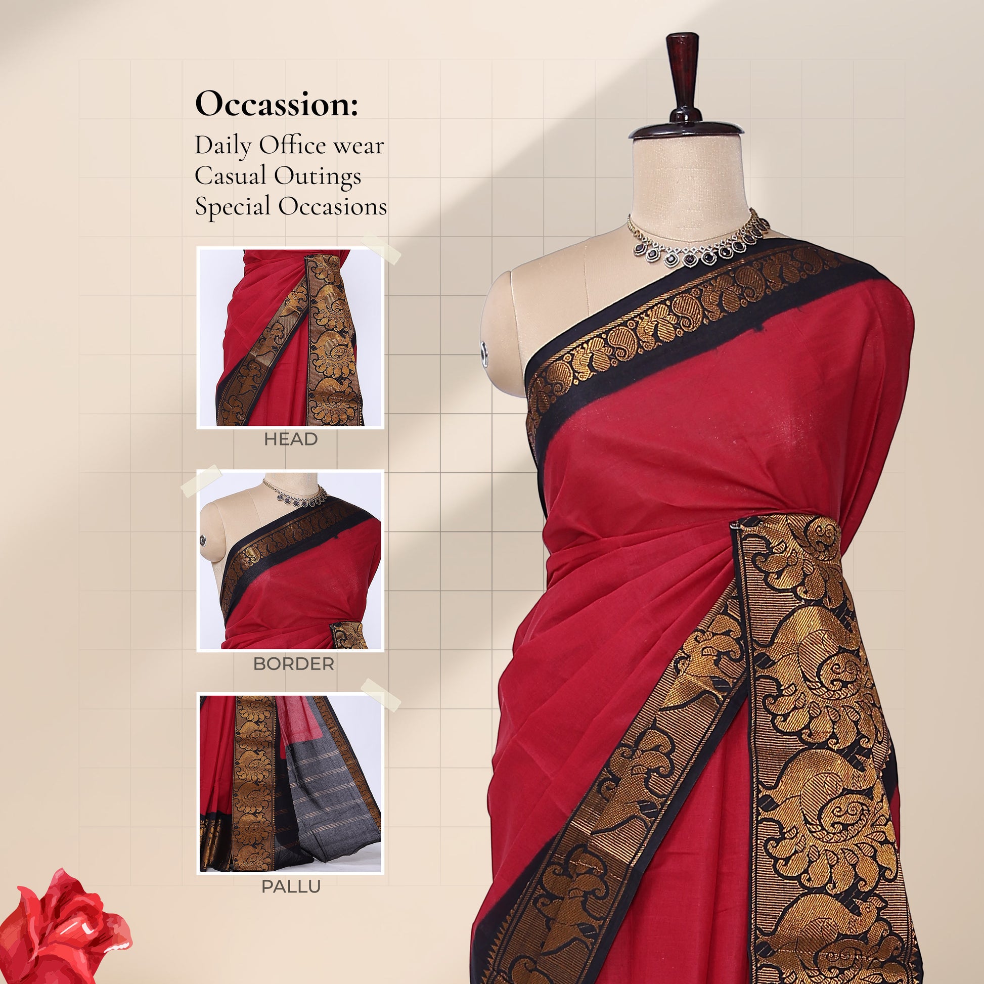 Sungudi cotton saree with red body and black gold zari border front draped view on mannequin with detailed border 