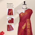 Red Sungudi cotton saree with gold zari checks and peacock motif border draped front view on mannequin
