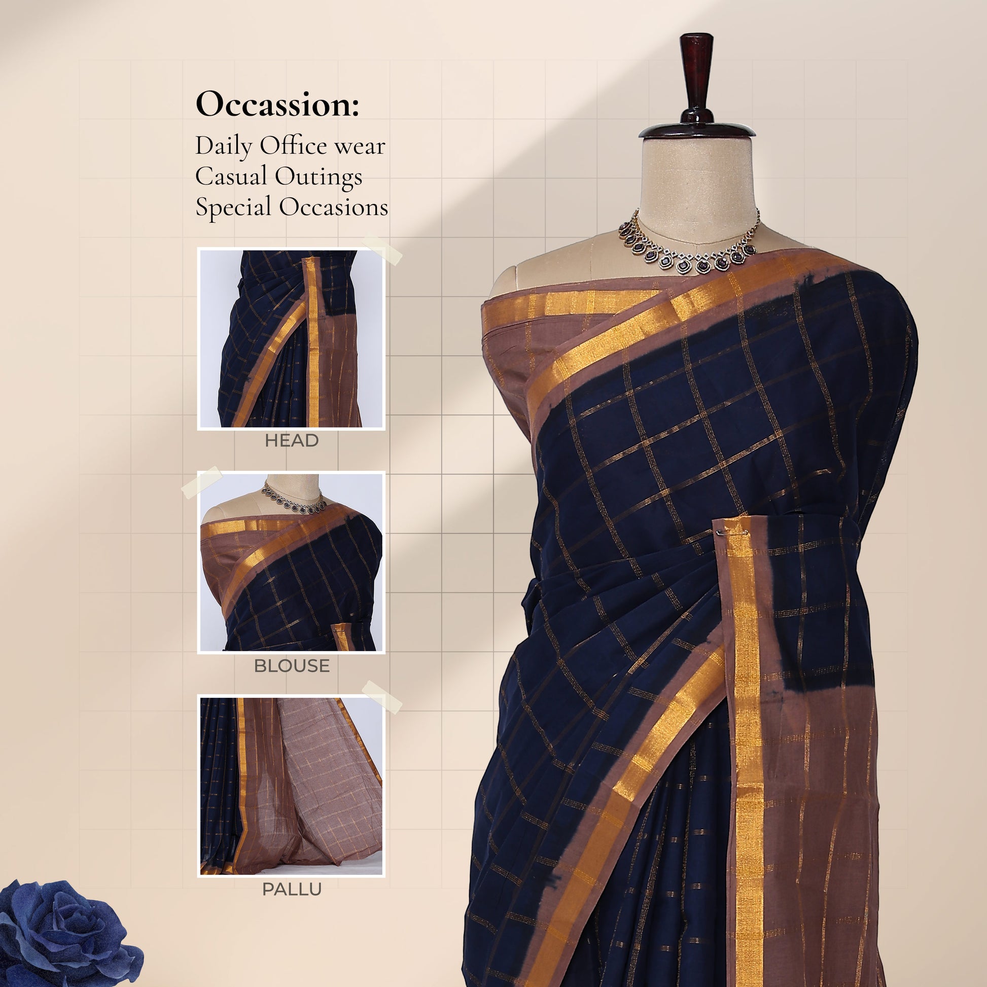 Sungudi cotton saree with gold checkered weave and brown zari border in navy blue front draped view